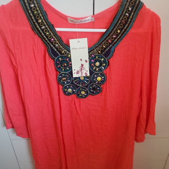 NWT Lovely 3/4 sleeve top Ornate Beaded Collar light bright Summer dressy shirt - Picture 1 of 2